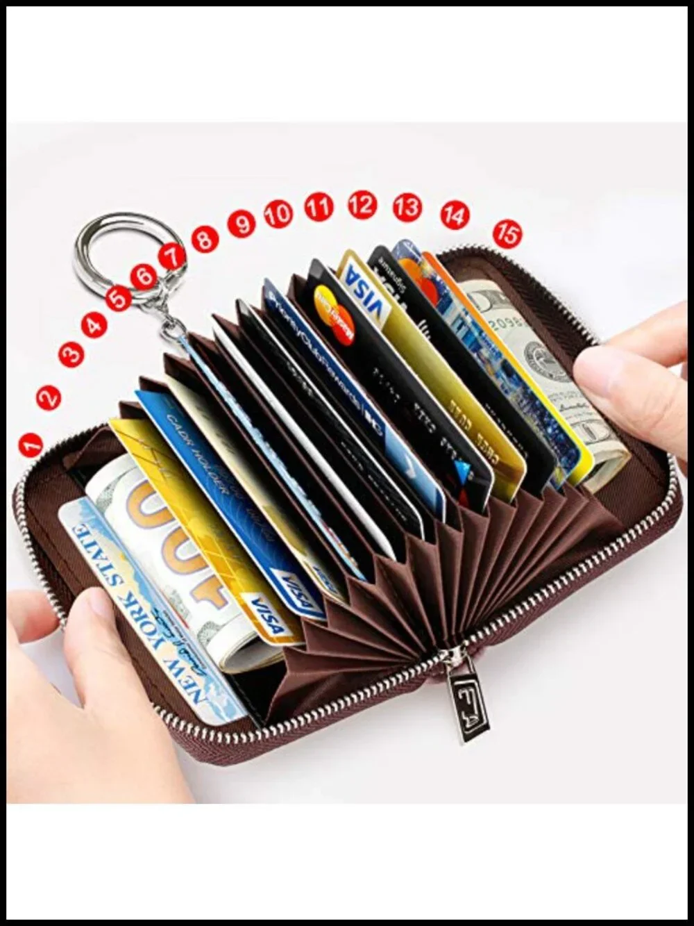 RFID Blocking Zipper Wallet with 16 Card Slots and Key Chain